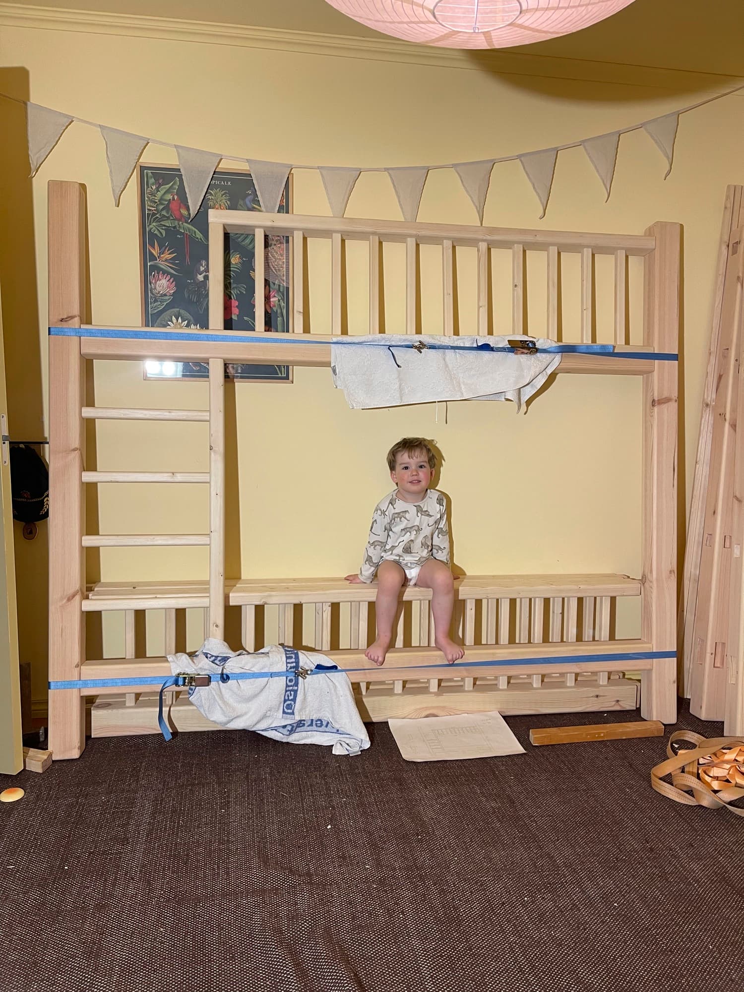 Handmade solid wood bunk bed with no visible screws